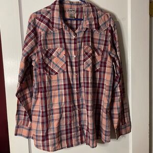 Wrangler XXL Plaid Western Shirt Menswear Rancher Long Sleeve Maroon Peach